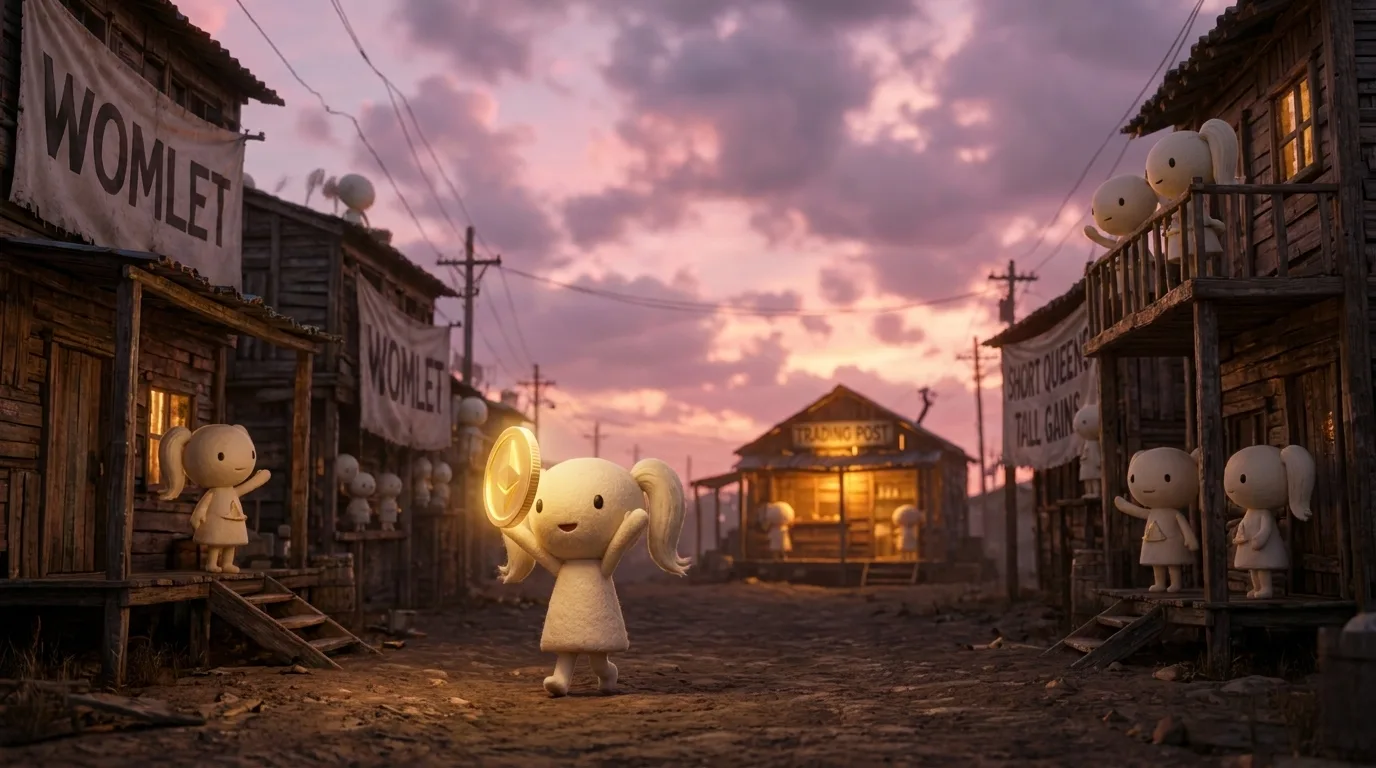 A womlet holding a glowing golden coin overhead, walking down a dirt path toward a lit trading post at dusk