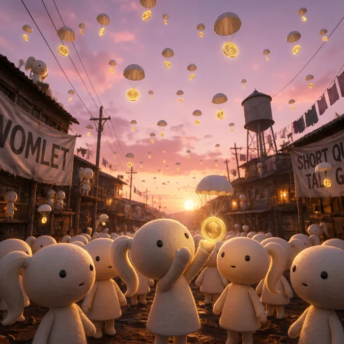 A crowd of womlets looking up as golden coins parachute down from a pink dusk sky