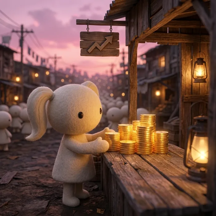 A womlet pushing a stack of golden coins across a market stall counter under a rising-chart sign