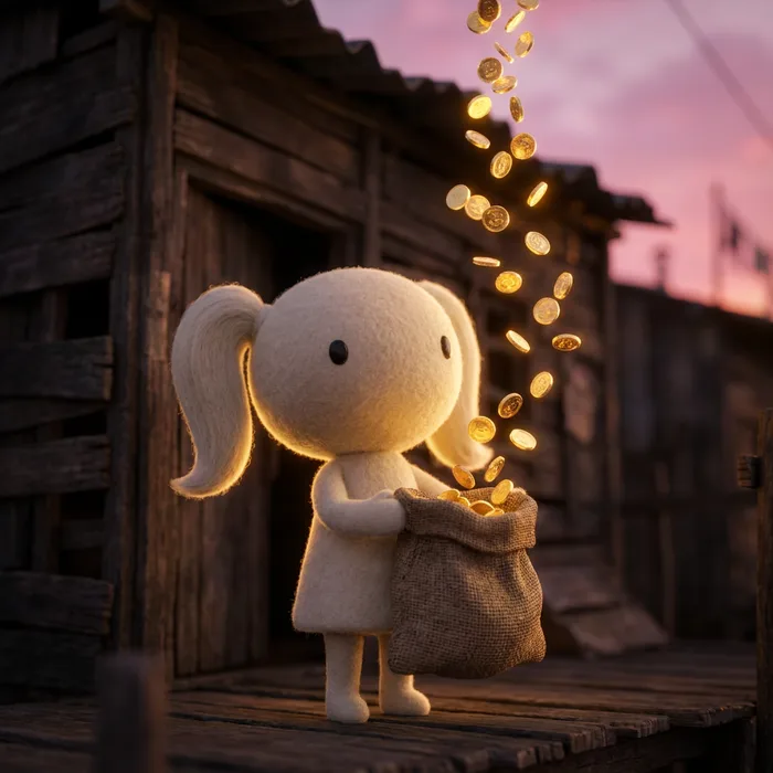A womlet holding an open burlap sack as golden coins rain into it
