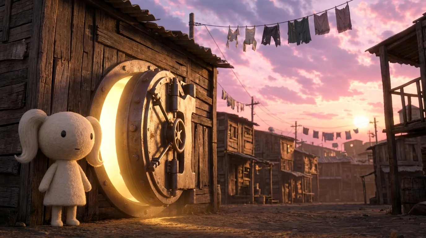 A womlet standing guard beside a huge iron vault door glowing with golden light, built into a wooden shack