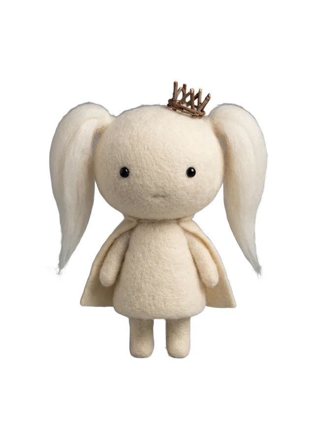The plush felt womlet queen, a cream wool doll with long pigtails, a twig crown and a small cape